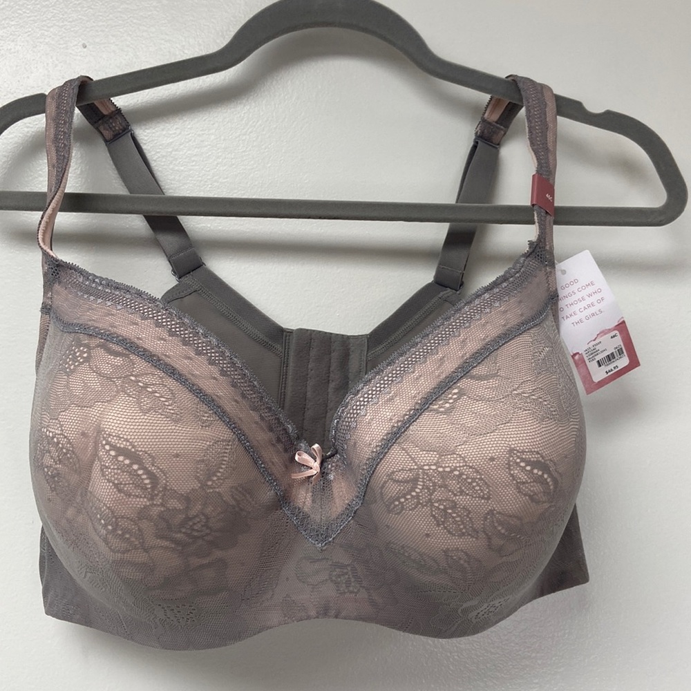 Cacique Gray/Pink Modern Lace Covered LL BALC Bra Size 46C